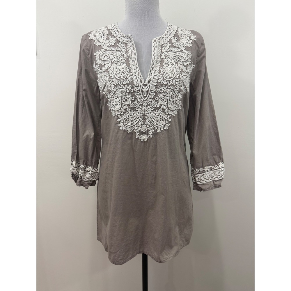 INC International Concepts Gray Cotton Embroidered Tunic Top Size 6 Boho Paisley